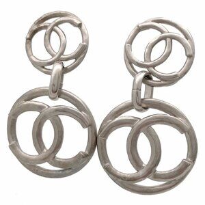 CHANEL CC Logos Hoop Round Dangle Stud Earrings Silver Tone A18P Auth #7108